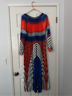 Pleated Maxi Dress in Blue, Orange & White